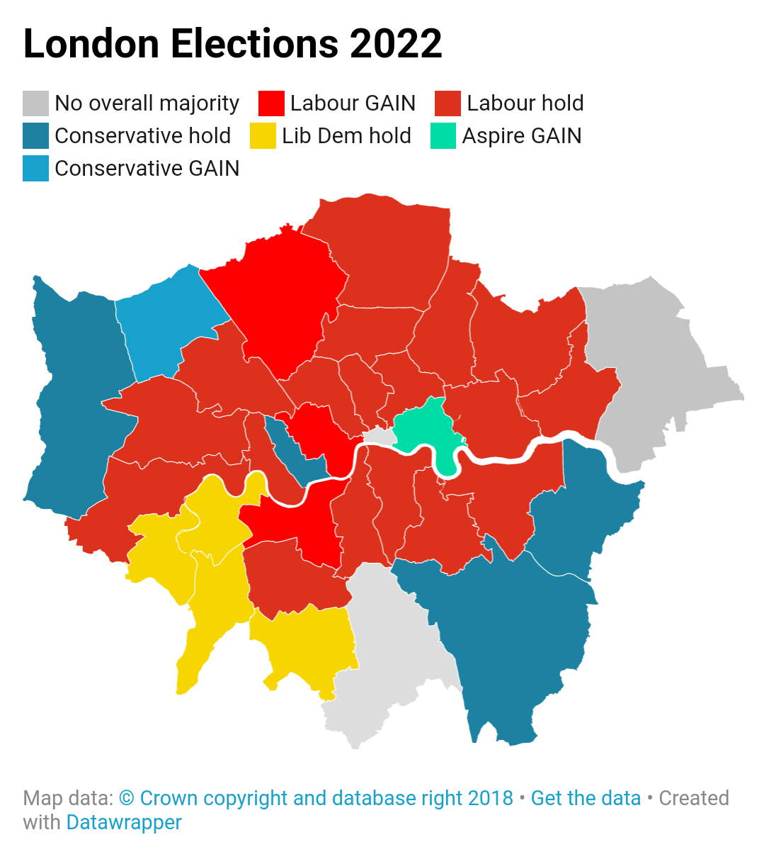 London Elections 2022 No overall majority Labour GAIN Conservative hold Lib Dem hold Conservative GAIN Labour hold Aspire GAIN Map data: &copy; Crown copyright and database right 2018 &bull; Get the data &bull; Created with Datawrapper