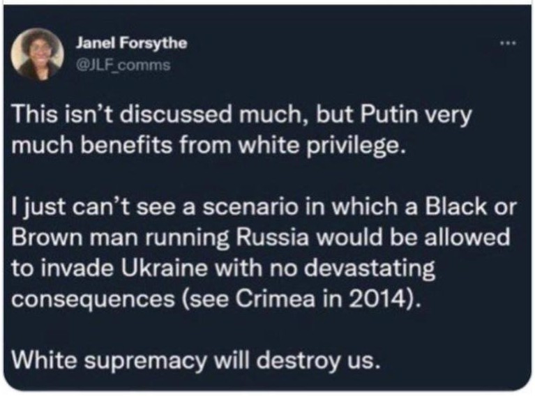 Janel Forsythe @JLF_comms This isn't discussed much, but Putin very much benefits from white privilege. I just can't see a scenario in which a Black or Brown man running Russia would be allowed to invade Ukraine with no devastating consequences (see Crimea in 2014). White supremacy will destroy us.